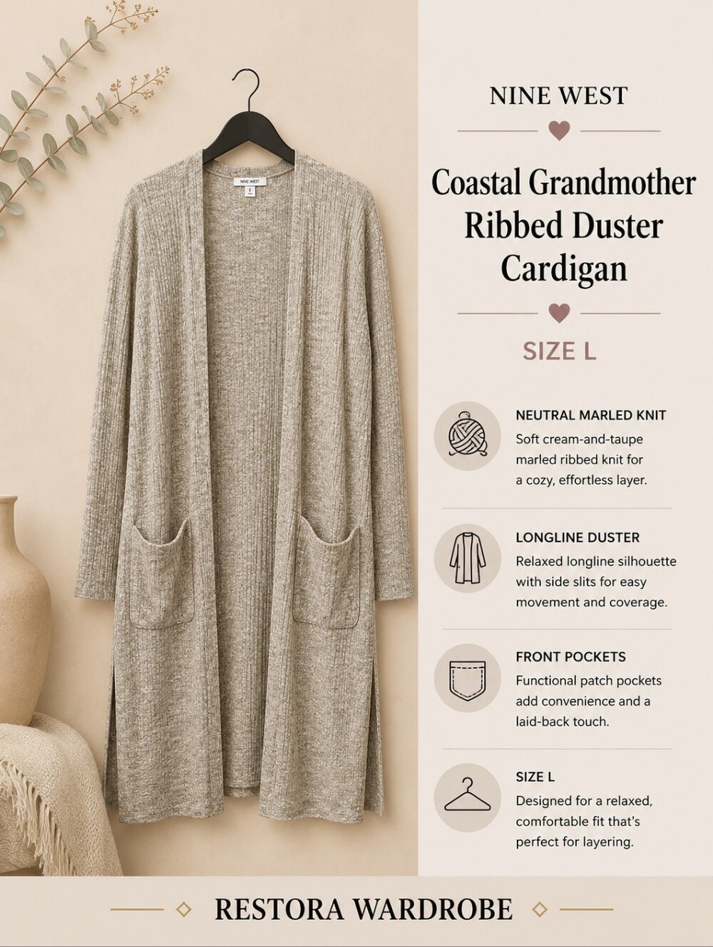 Nine West Coastal Grandmother Ribbed Duster Cardigan Pockets Size L - Picture 1 of 13